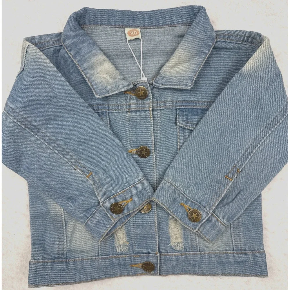 IBTOM CASTLE Baby Girls 6/12M (80) Distressed‎ Denim Light Wash Jacket NWT